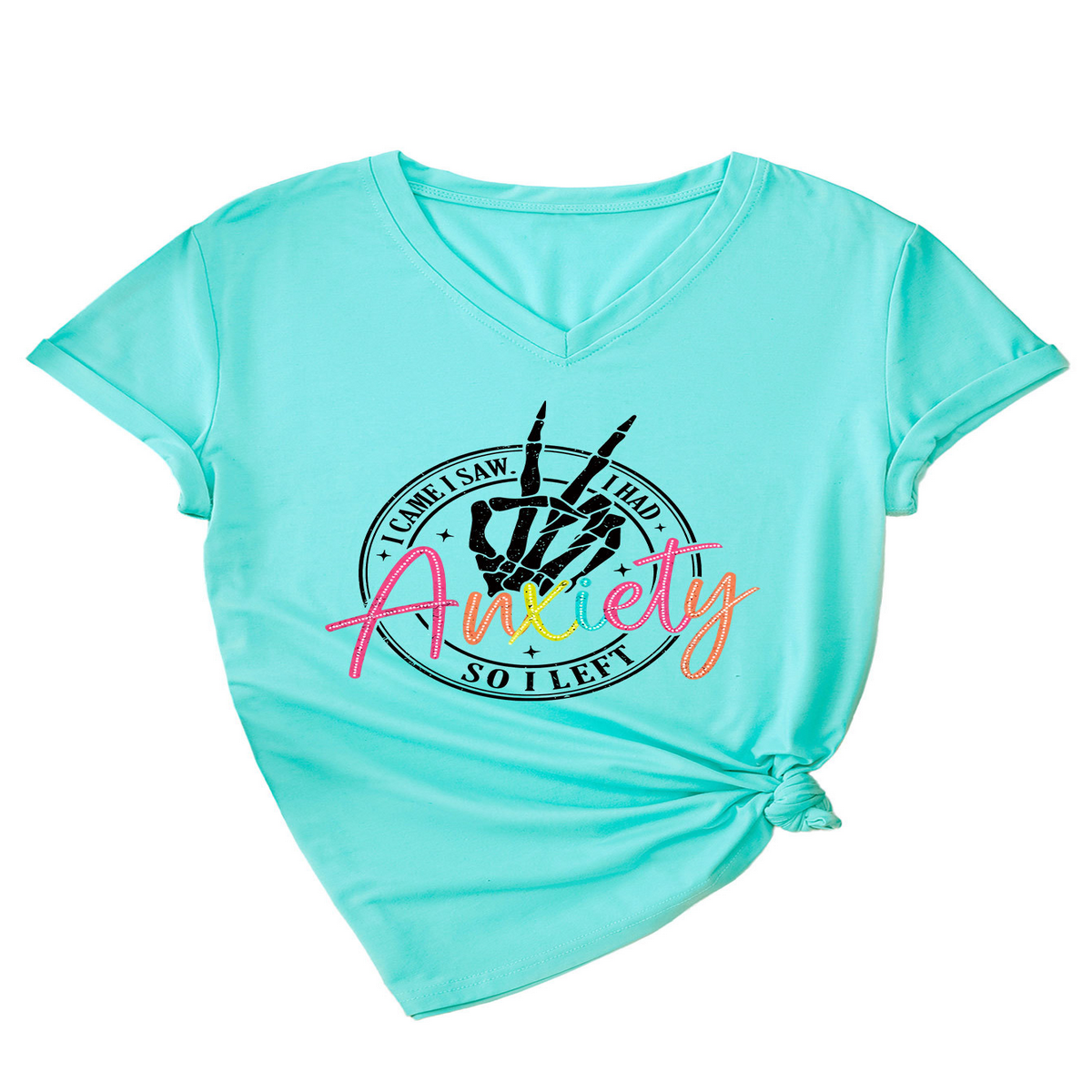 Trendy V-Neck Tee I Came Saw Print