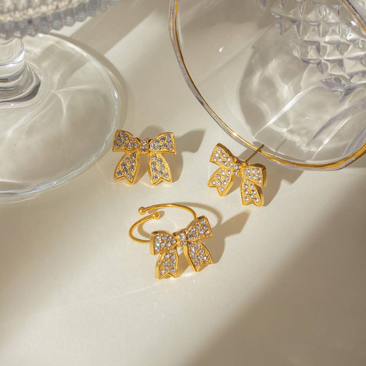 RETRO HIGH END BOW EARRINGS AND RING SET_CWAJE1887