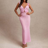 V-Neck Knitted Black Ear-Trimmed Backless Dress