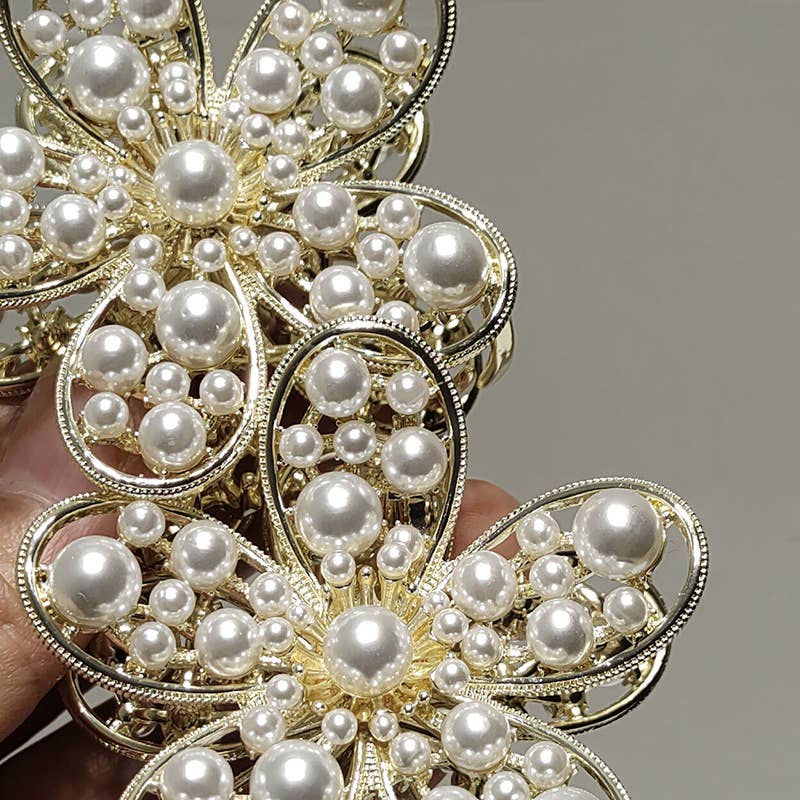 Pearl Flower Metal Gold Hair Claw Clip_Cwaha0620