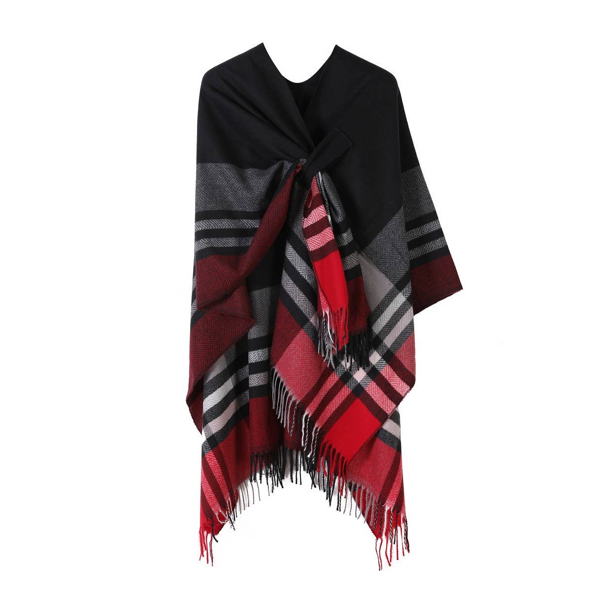 KNITTED FRINGED SHAWL DOUBLE SIDED PLAID SCARF_CWASC2178