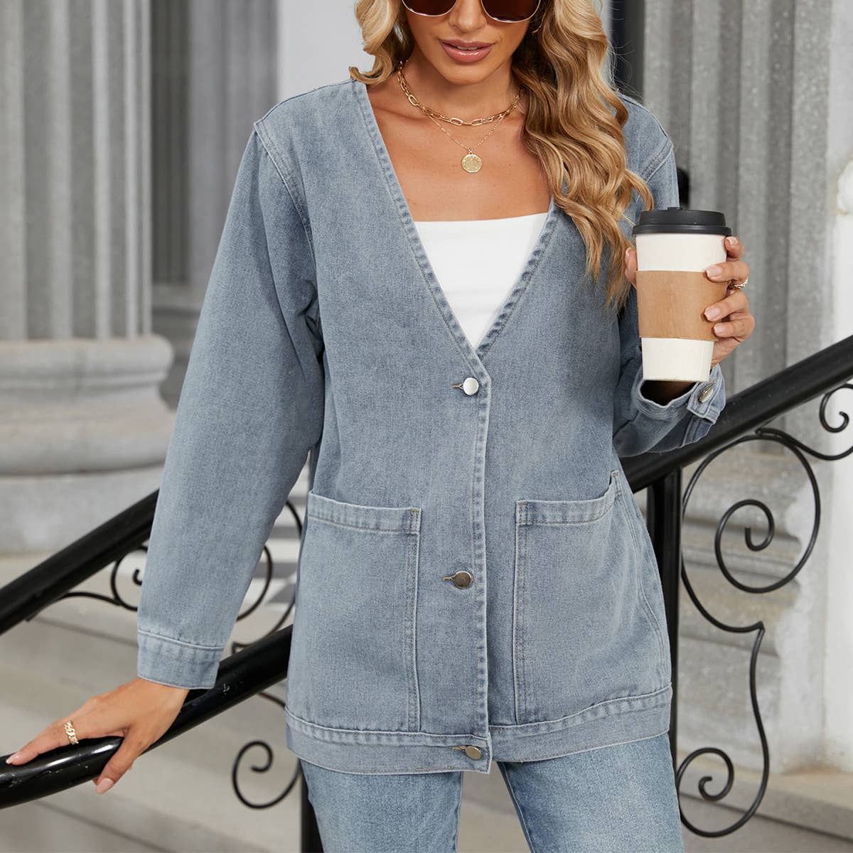 Washed Long Sleeve V-Neck Denim Coat Top