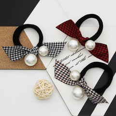Pearl Lace Houndstooth Bow Hair Tie_Cwaha08049