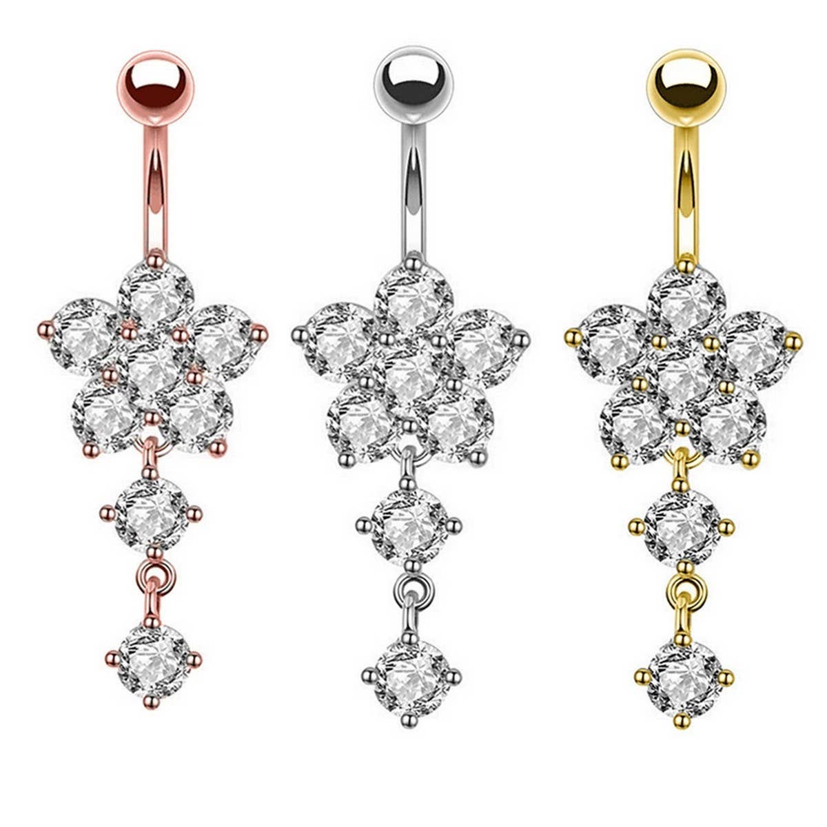 Zircon Flower Belly Ring With Stainless Pendant_Cwmm9239