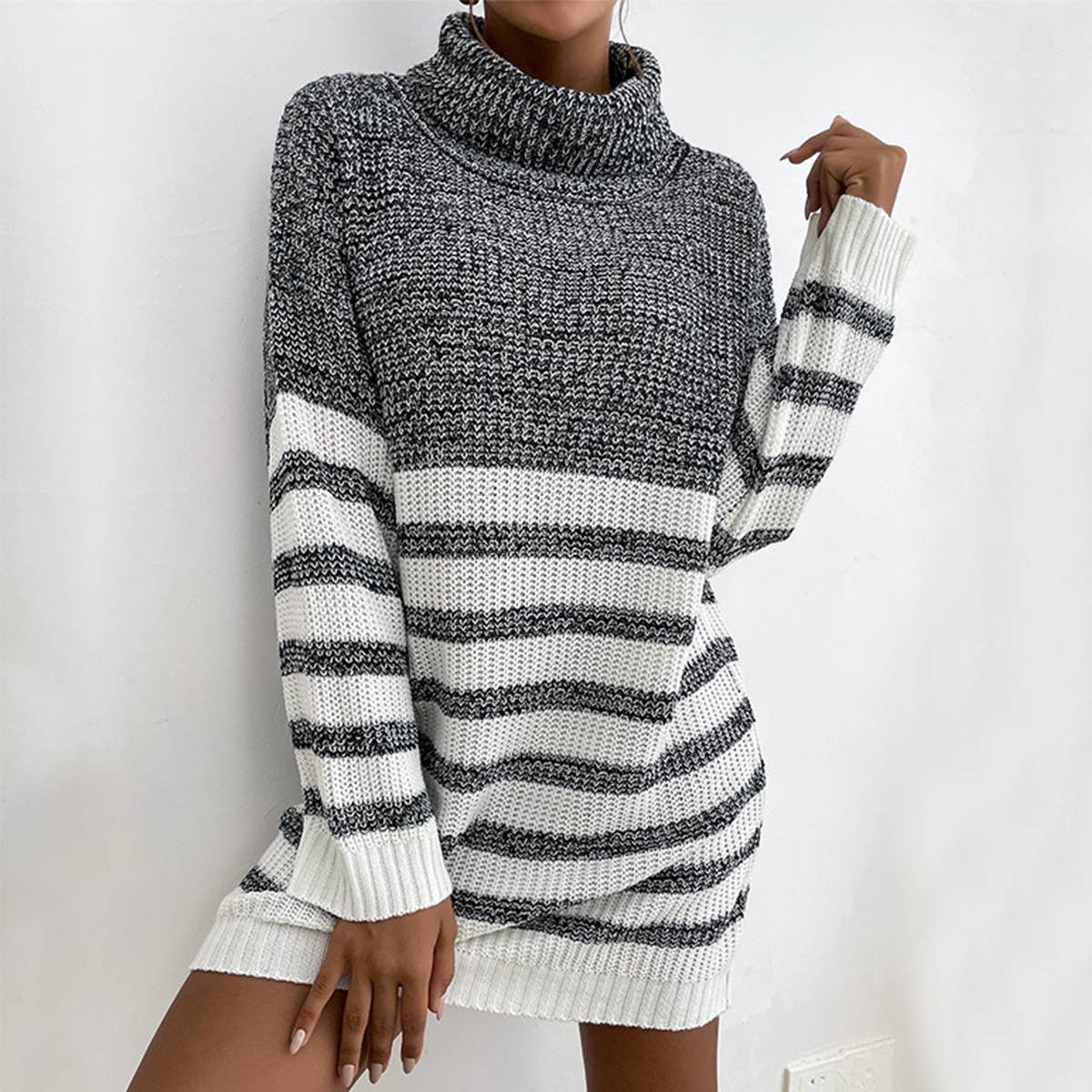 Striped Knit Mid-Length Turtleneck Sweater Dress