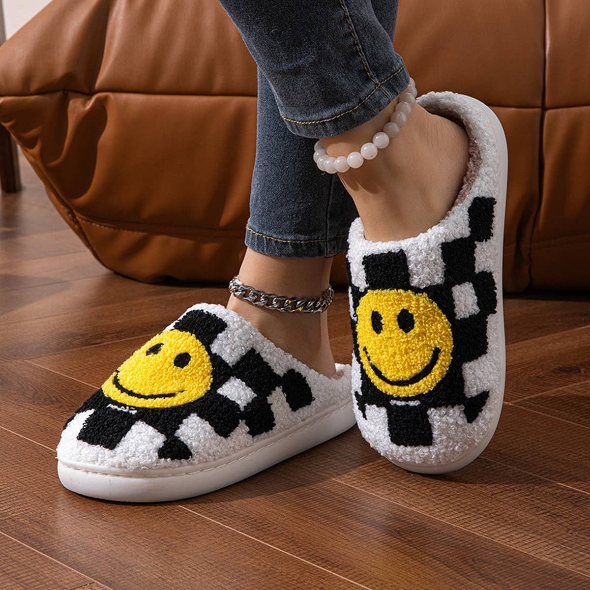 HOME CHECKERBOARD SMILEY FACE COTTON SLIPPERS_CWSHS0559