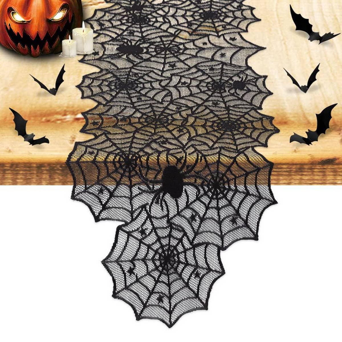 HALLOWEEN BLACK HORROR SPIDER WEB TABLE RUNNER_CWMM1724