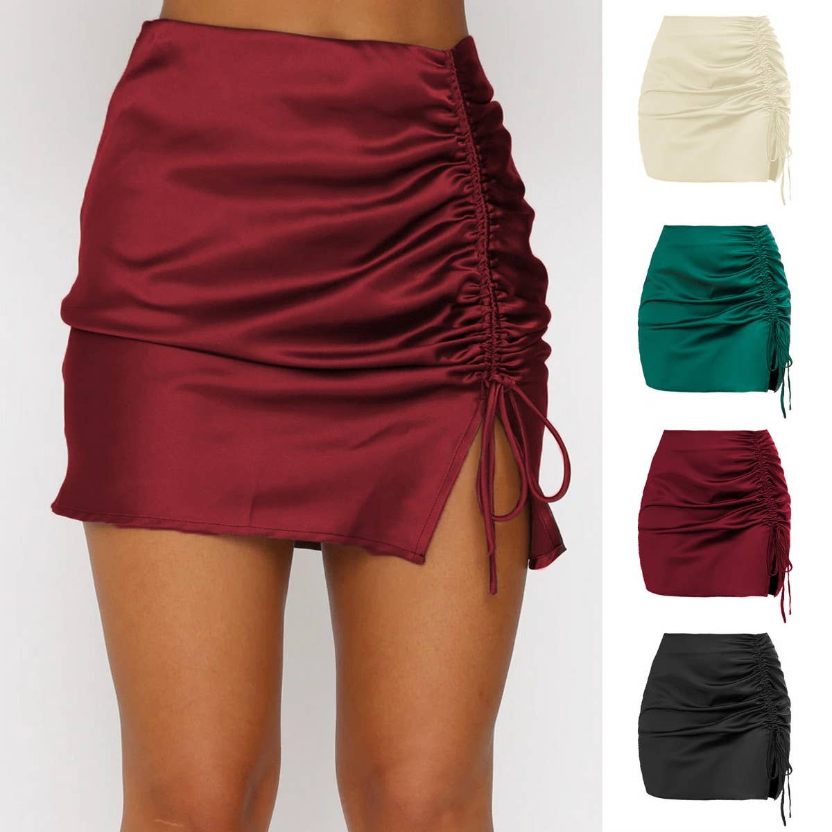 SOLID COLOR PLEATED HIP SKIRT HIGH WAIST SATINSKIRT_CWAB4808