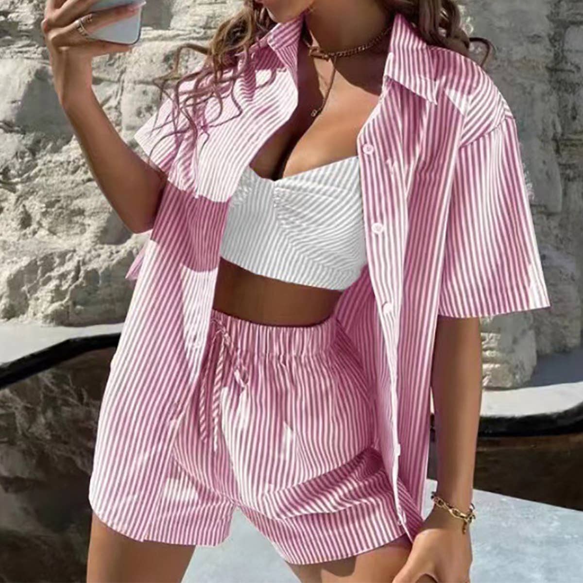Striped Short Sleeve Top And Shorts Two-Piece Set