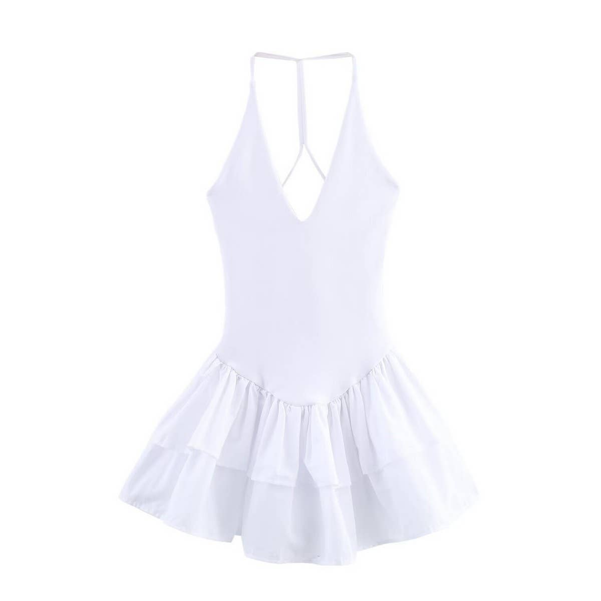 SOLID COLOR V NECK HALTER PATCHWORK DRESS_CWDHL0984