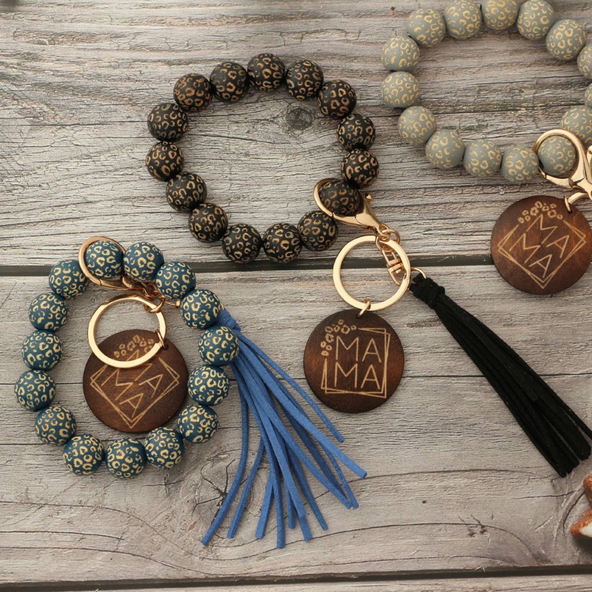 LEOPARD WOOD BEAD BRACELET WITH TASSEL KEYCHAIN_CWAB5107