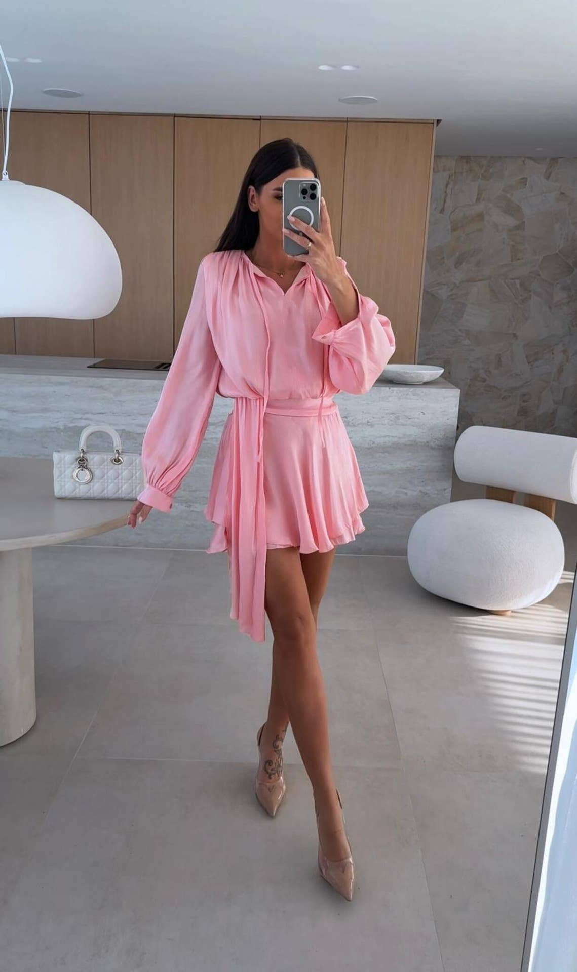 Solid-Color Long-Sleeved V-Neck Lace-Up Dress