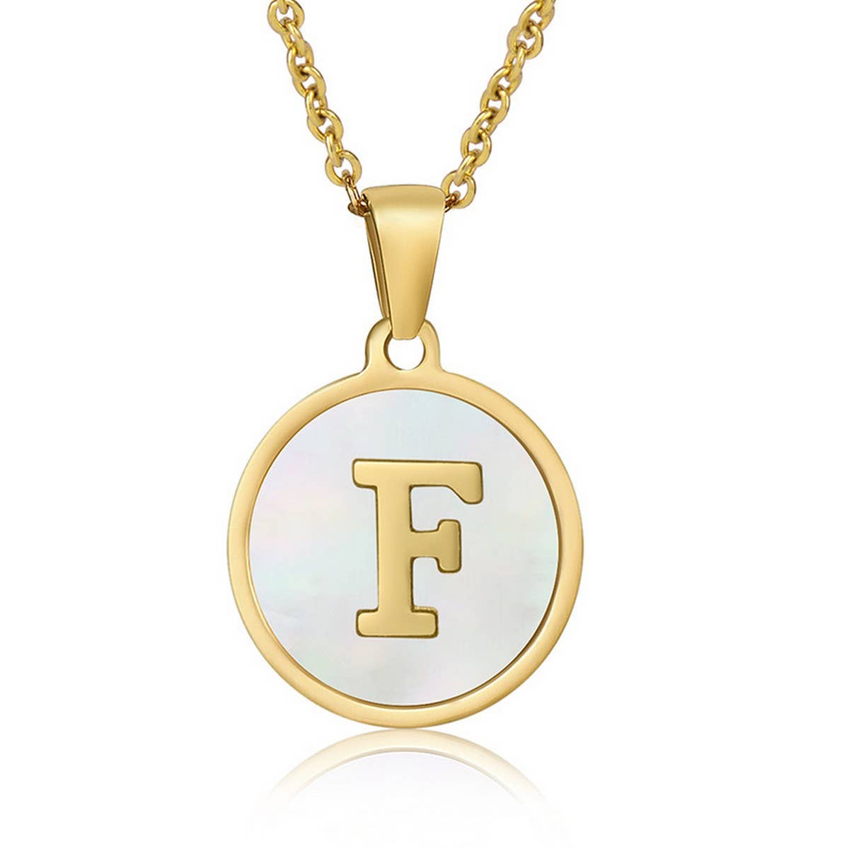 Cwaje1934_Round Stainless Steel White Shell Letter Necklace