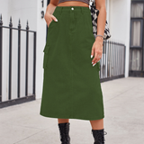 Wome Washed Denim Cargo Midi Skirt Slim Fit_Cwjsk0198