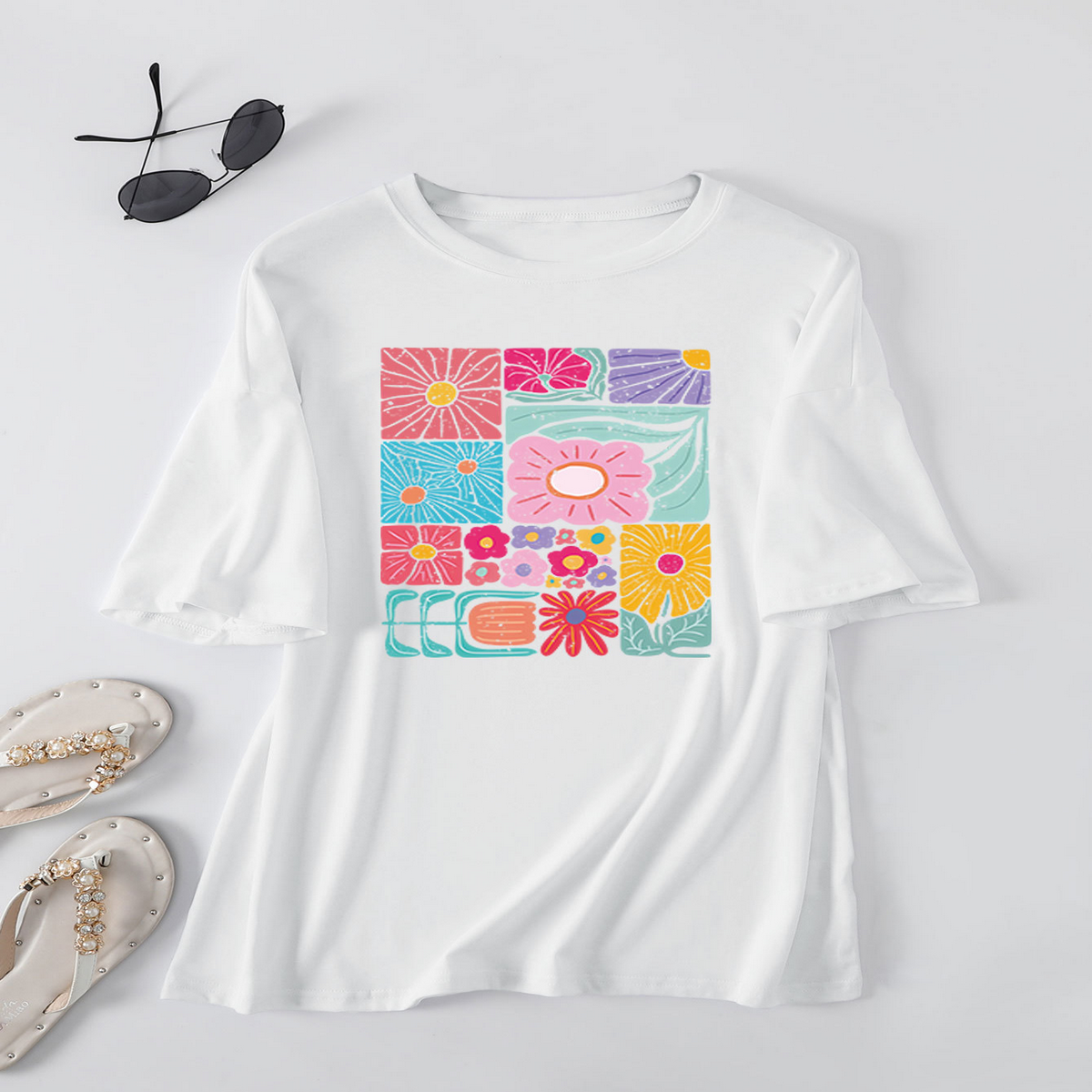 Womens Loose Fit Tee With Colorful Flowers_Cwtts1466