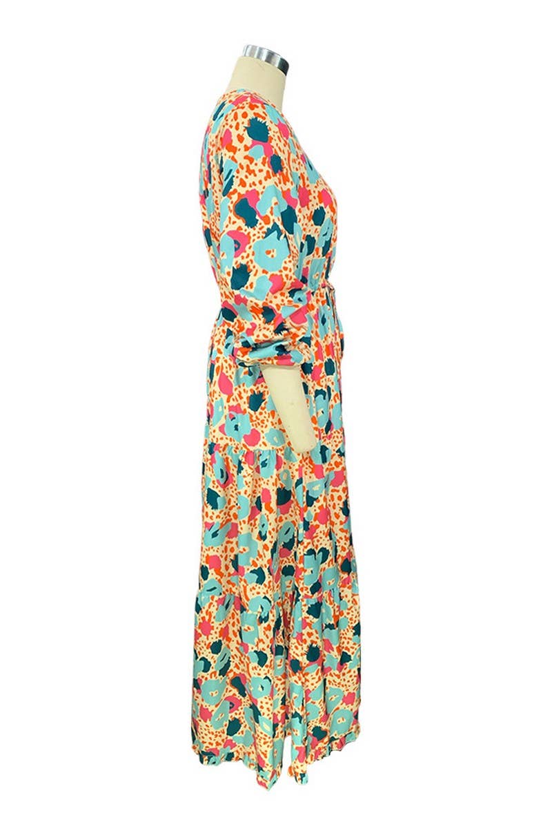 V Neck Long Sleeved Printed Loose Fitting Dress