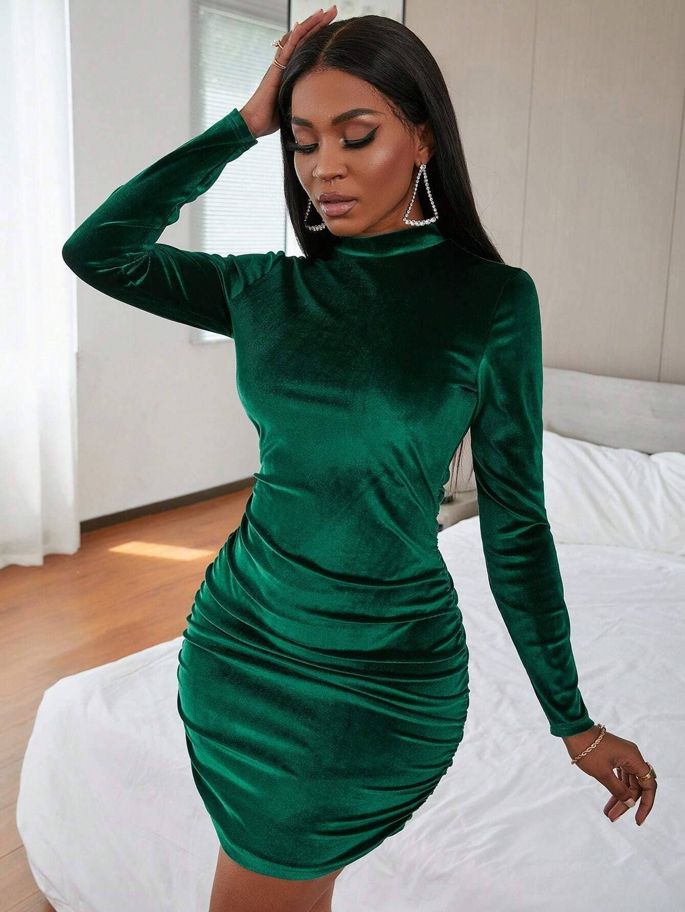 Velvet Dress With High Neck And Long Sleeves