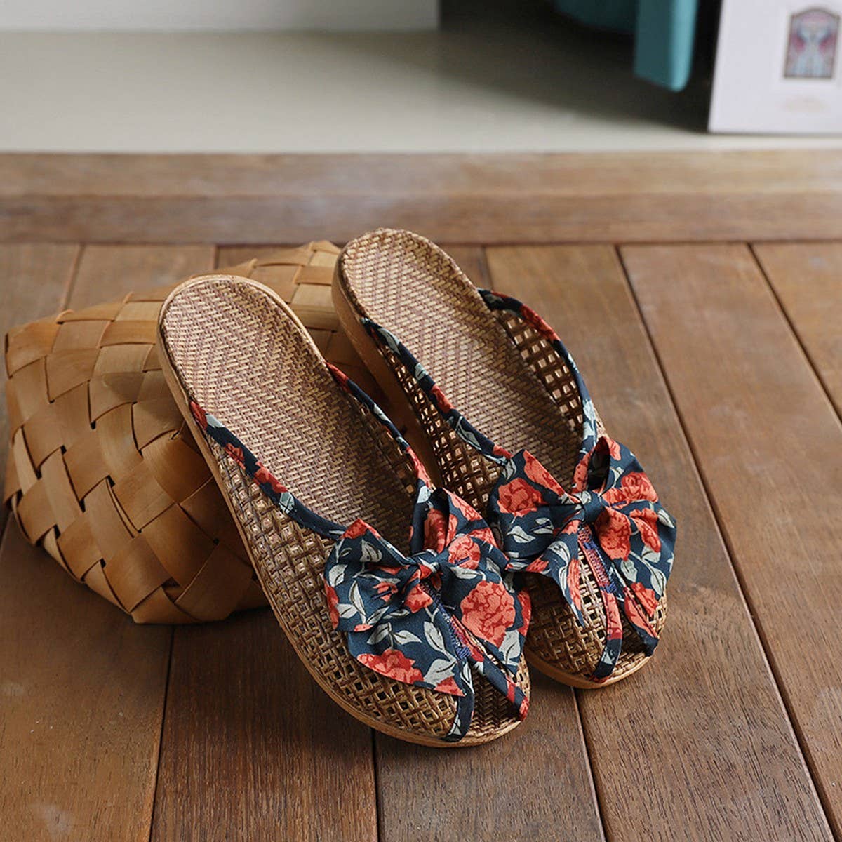 SUMMER WOVEN LINEN BOW MULES FOR HOME_CWSHF0194