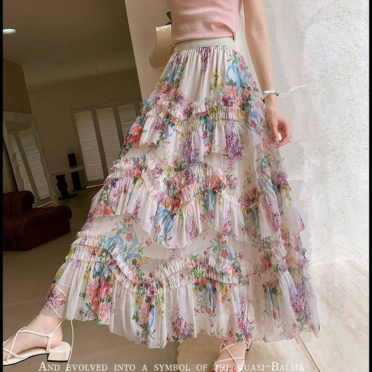 COLORFUL FLORAL MESH PRINT PLEATED TULLE SKIRT_CWBLS0399