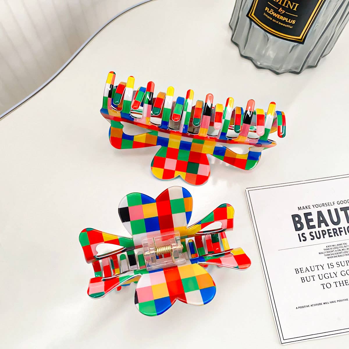 Retro Style Large Hair Claw, Color Check Print_Cwaha0402