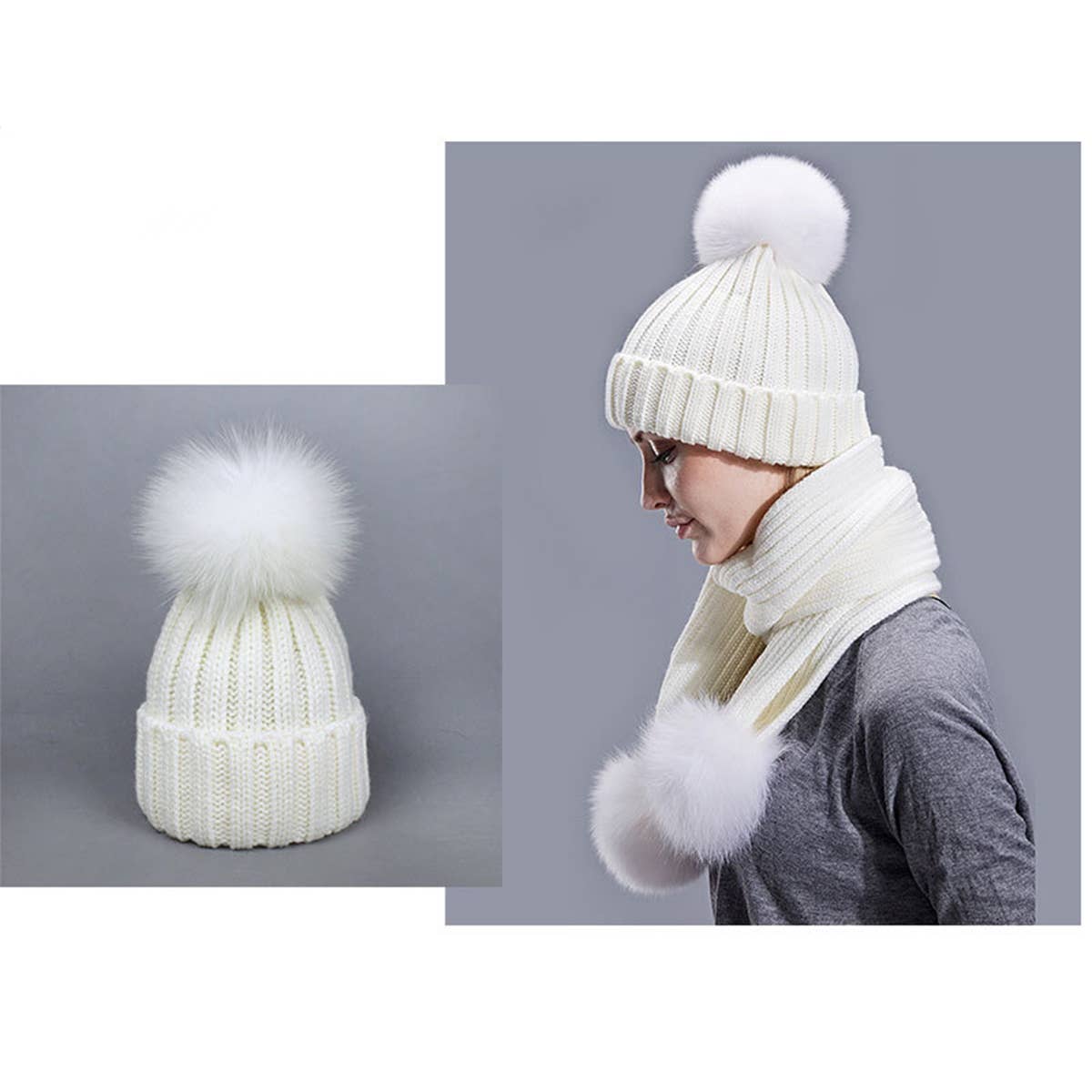 Winter Knit Scarf With Fox Fur Pom Poms_Cwasc03495