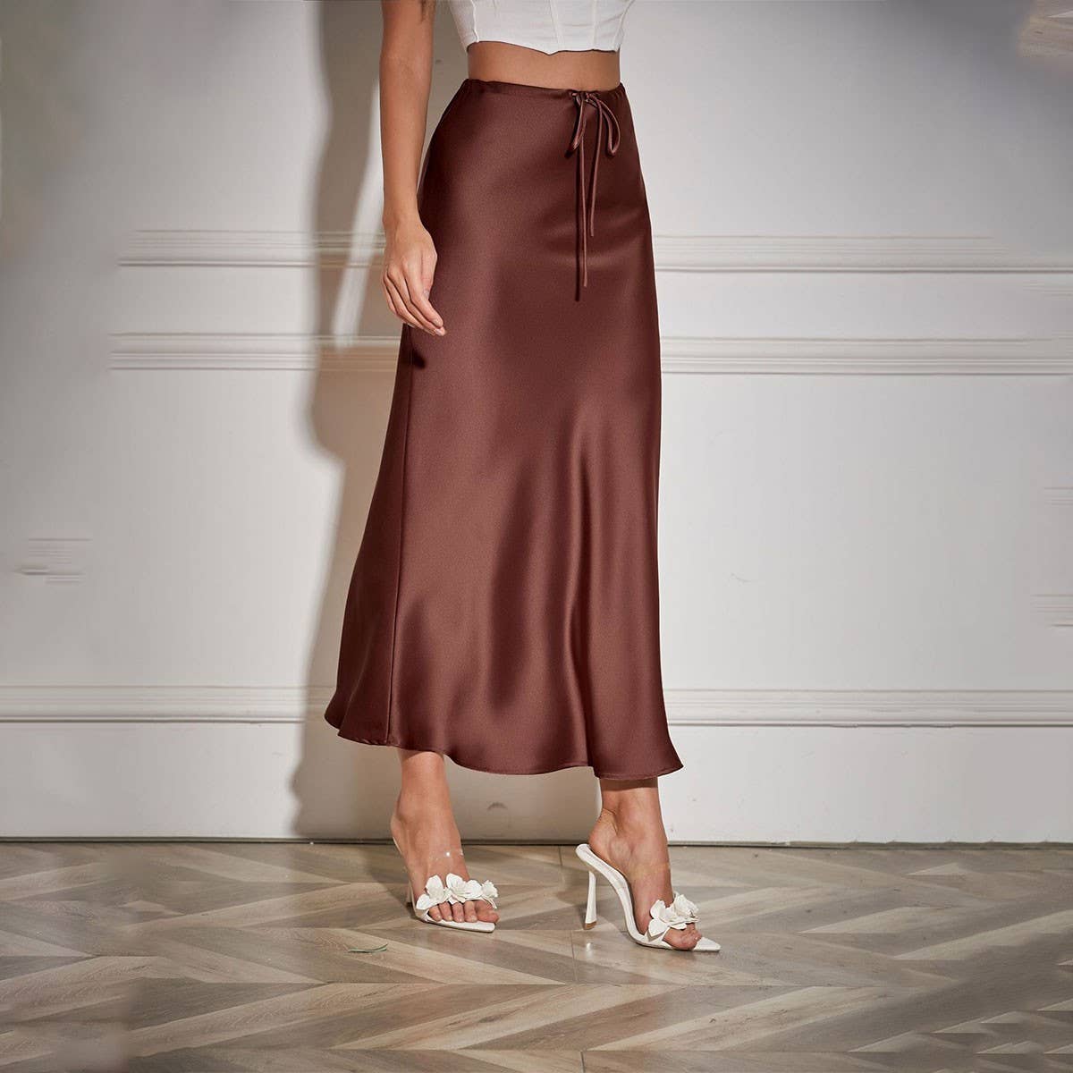 SATIN LONG SKIRT HIGH WAIST DRAWSTRING SKIRT_CWAB4792