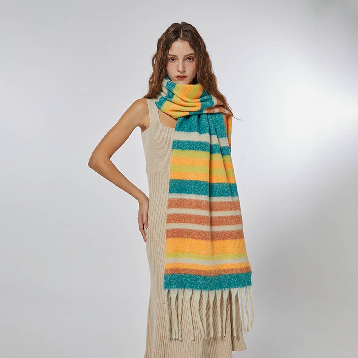 STRIPE SCARF COZY FAUX CASHMERE WINTER WRAP_CWASC2359