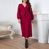 RED V NECK SLIM FIT LONG DRESS FOR FALL SPRING_CWDSD8473