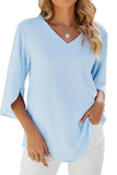 V Neck Ice Silk Solid Color Loose Casual Shirt_Cwtsts0184