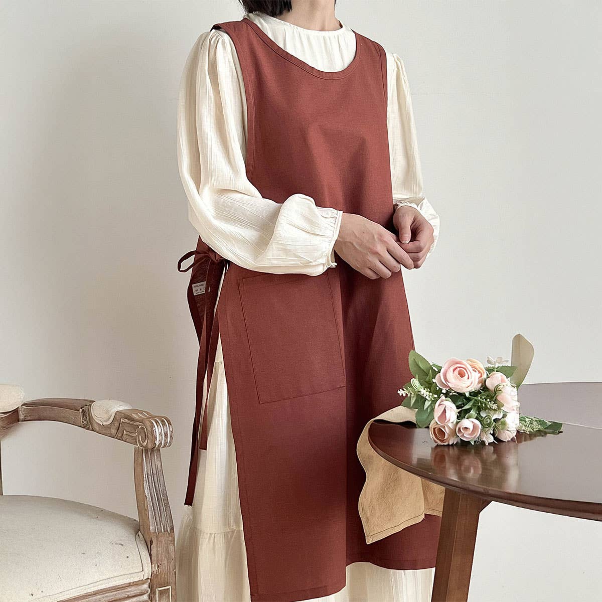 Waistband Cotton Linen Aprons With Pockets_Cwmm3289