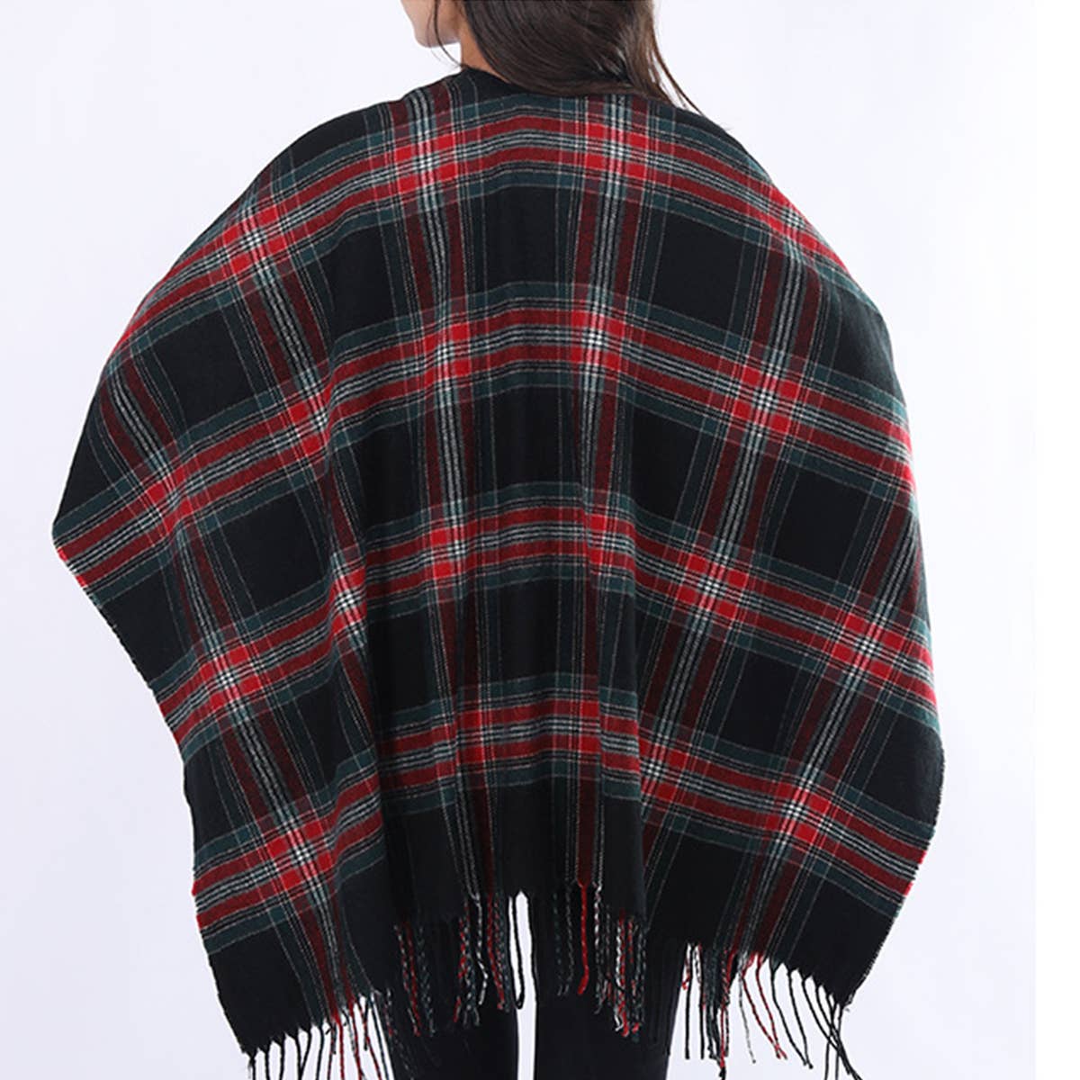 Plaid Faux Cashmere Cape Scarf With Tassels_Cwasc0336