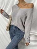 V-Neck Hollow Solid Color Knitted Long Sleeve Top