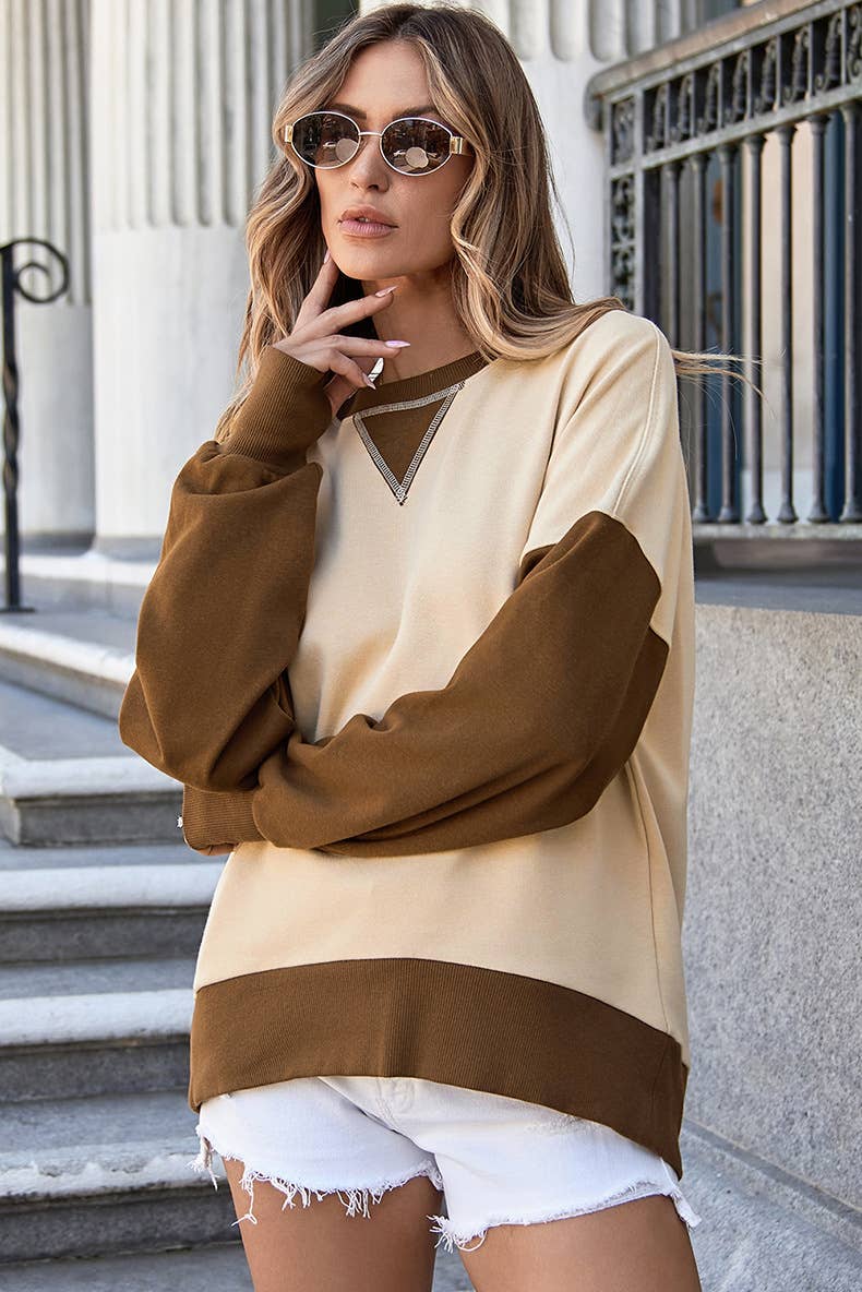 Two-Tone Round-Neck Loose Pullover Hoodie
