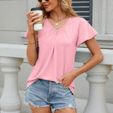 V-Neck Fly-Sleeved Pleated Short-Sleeved T-Shirt