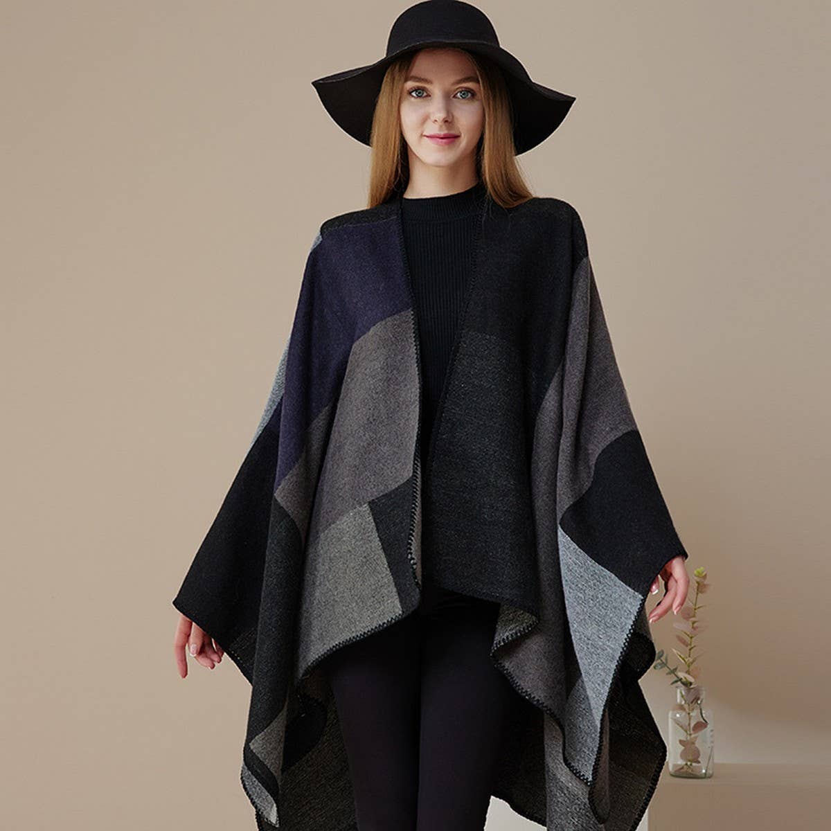DOUBLE SIDED PLAID FAUX CASHMERE SHAWL CAPE_CWASC2136