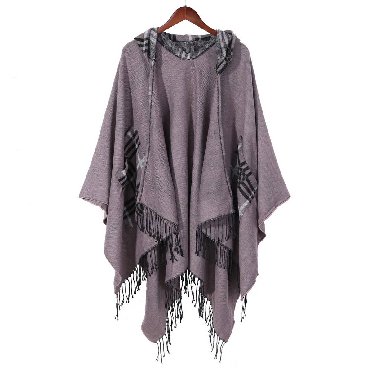 Women Hooded Tassel Split Shawl Wrapped Cloak