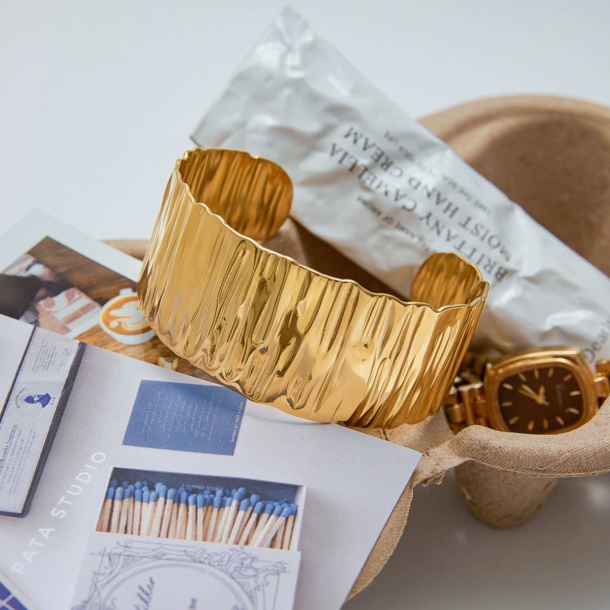 MINIMALIST 18K GOLD WIDE TEXTURED OPEN CUFF_CWAJE4838