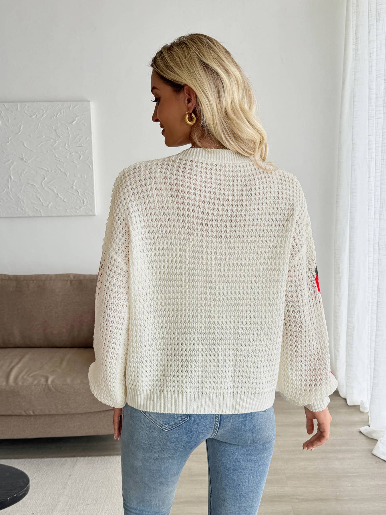 Versatile Strawberry Jacquard Loose Cardigan