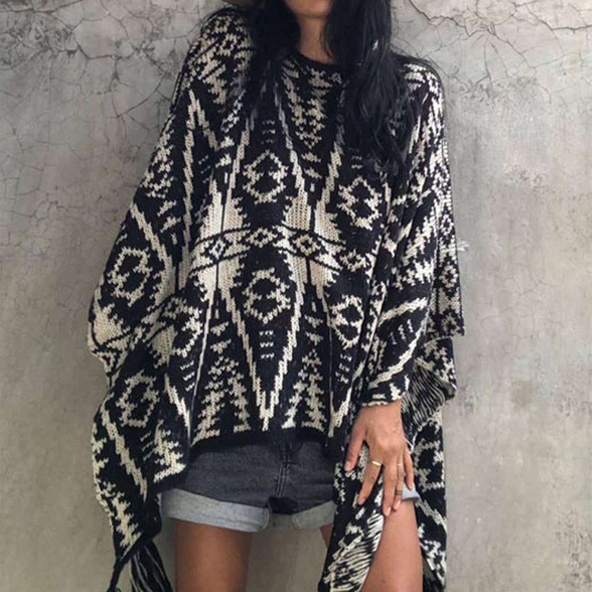 PULLOVER KNITTED CAPE SHAWL BAT PRINT TASSEL SHAWL_CWASC1539