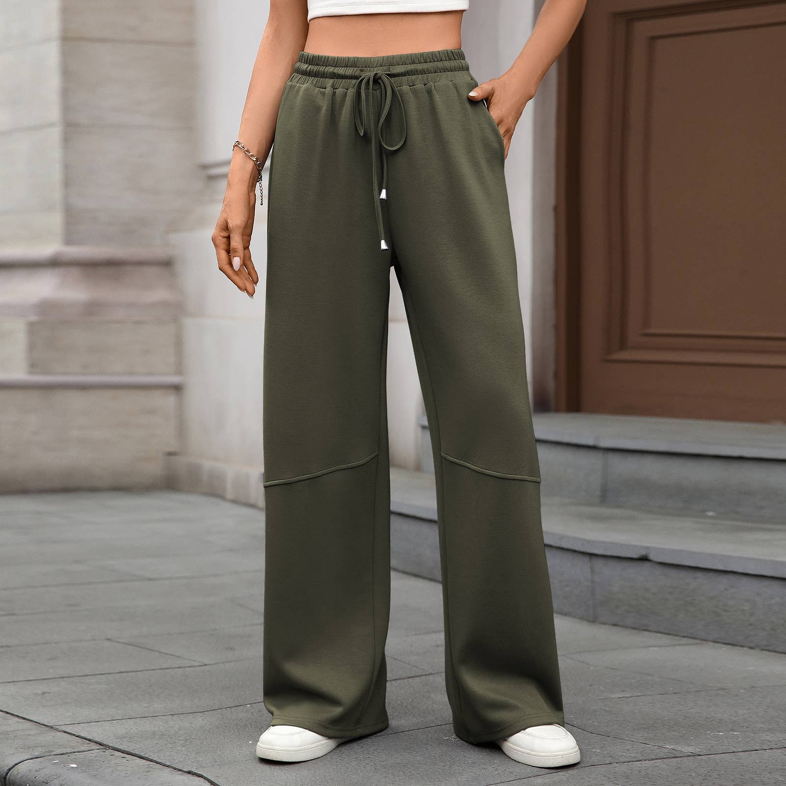 Stretch Waist Drawstring Pocket Wide Leg Pants