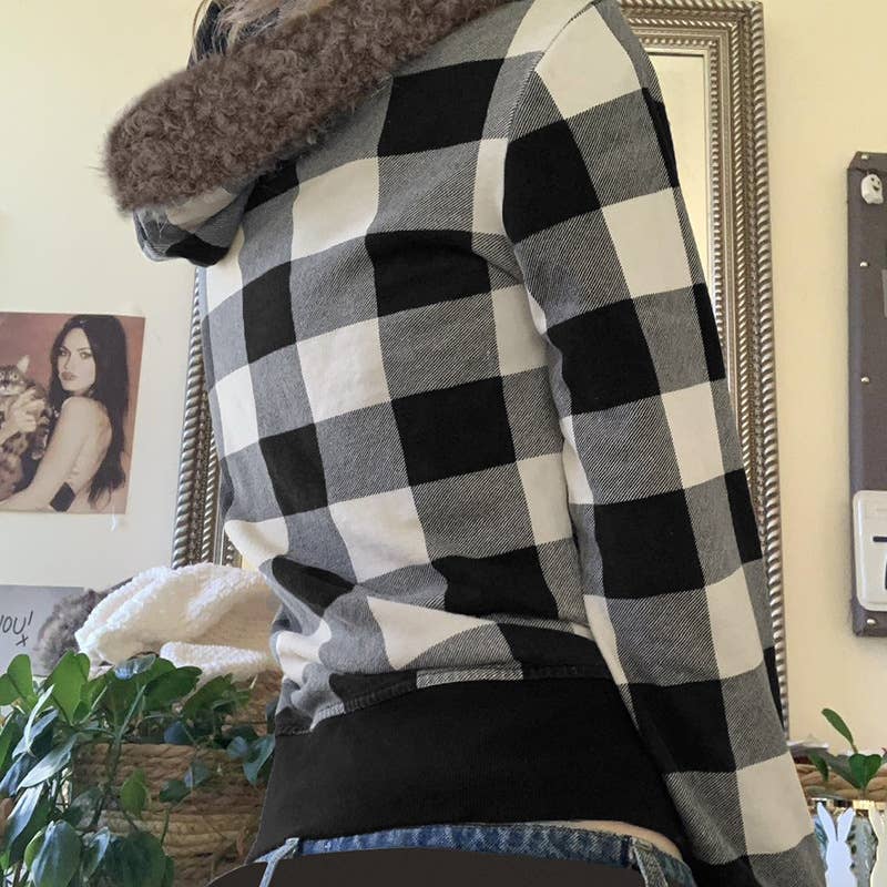 Vintage Black And White Checkered Zipper Jacket