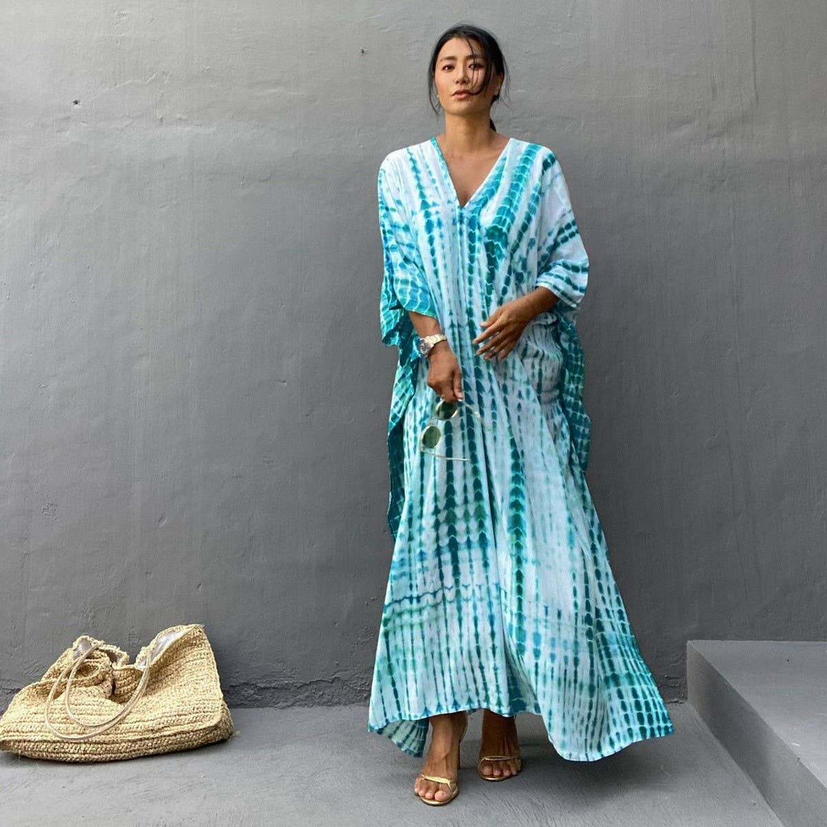 Tie-Dye Caftan Beach Cover-Up Loose Resort Robe_Cwmm6139