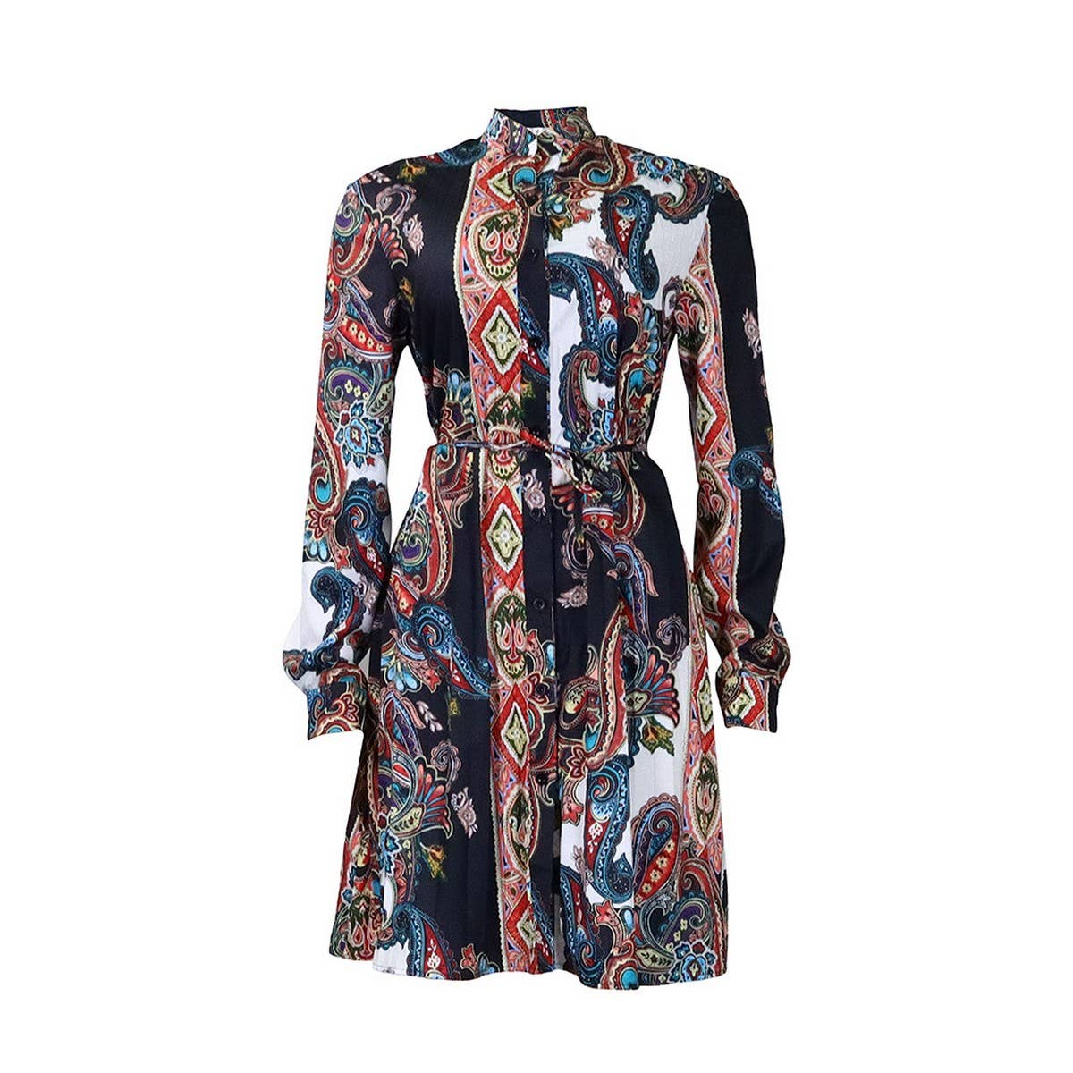 PRINTED PLEATED FASHION TIE CASUAL PLUS SIZE DRESS_CWDSD6160