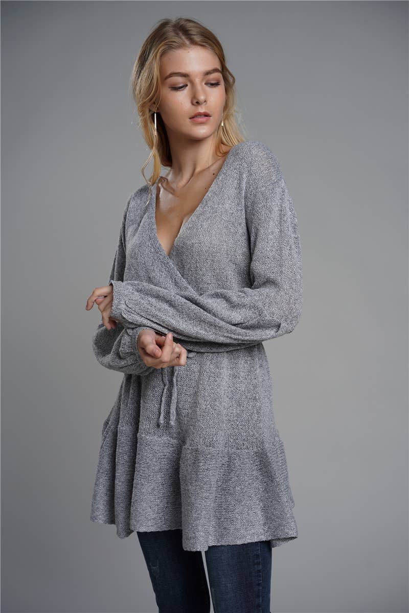 SOLID COLOR TIE V-NECK SWEATER LONG SWEATER_cwdsd4919