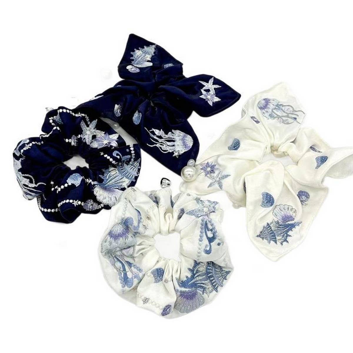 EMBROIDERED MARINE LIFE SQUARE SCARF HAIR TIE_CWAHA3691