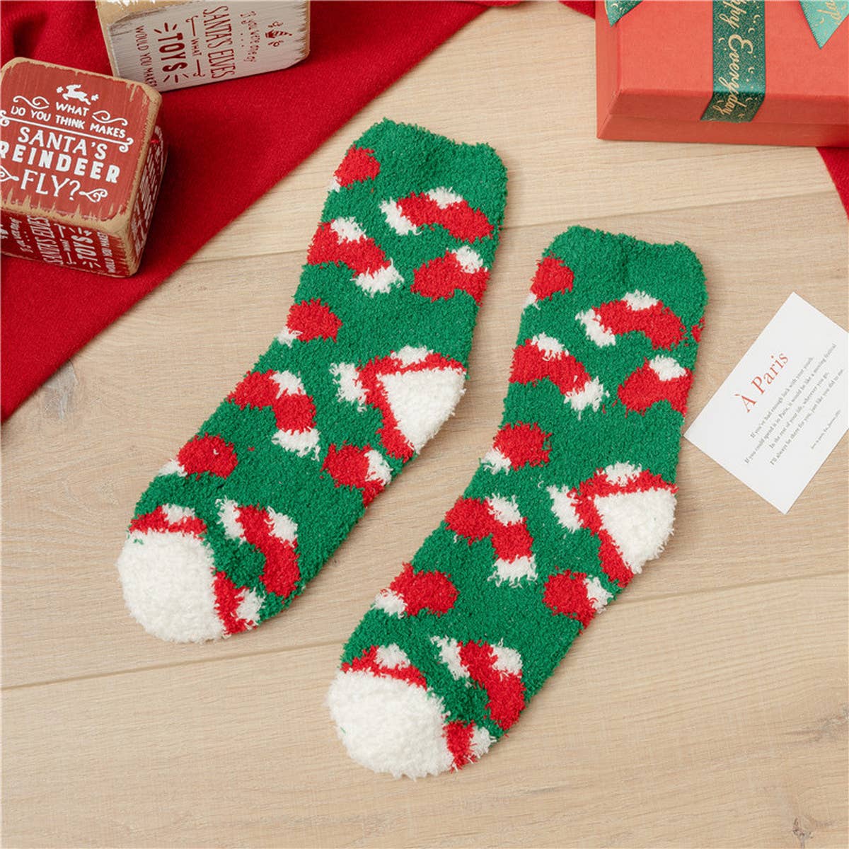 SANTA CLAUS ELK CORAL VELVET SOCKS_CWMS0336