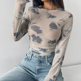 FLORAL PRINT MESH LONG SLEEVE FITTED CROP TOP_CWTBLL3428
