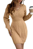 V-Neck Waistband Twist Wrap Hip Sweater Dress