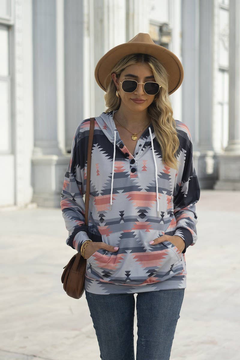Women Aztec Printing Drawstring Western Hoodie_Cwohol0177