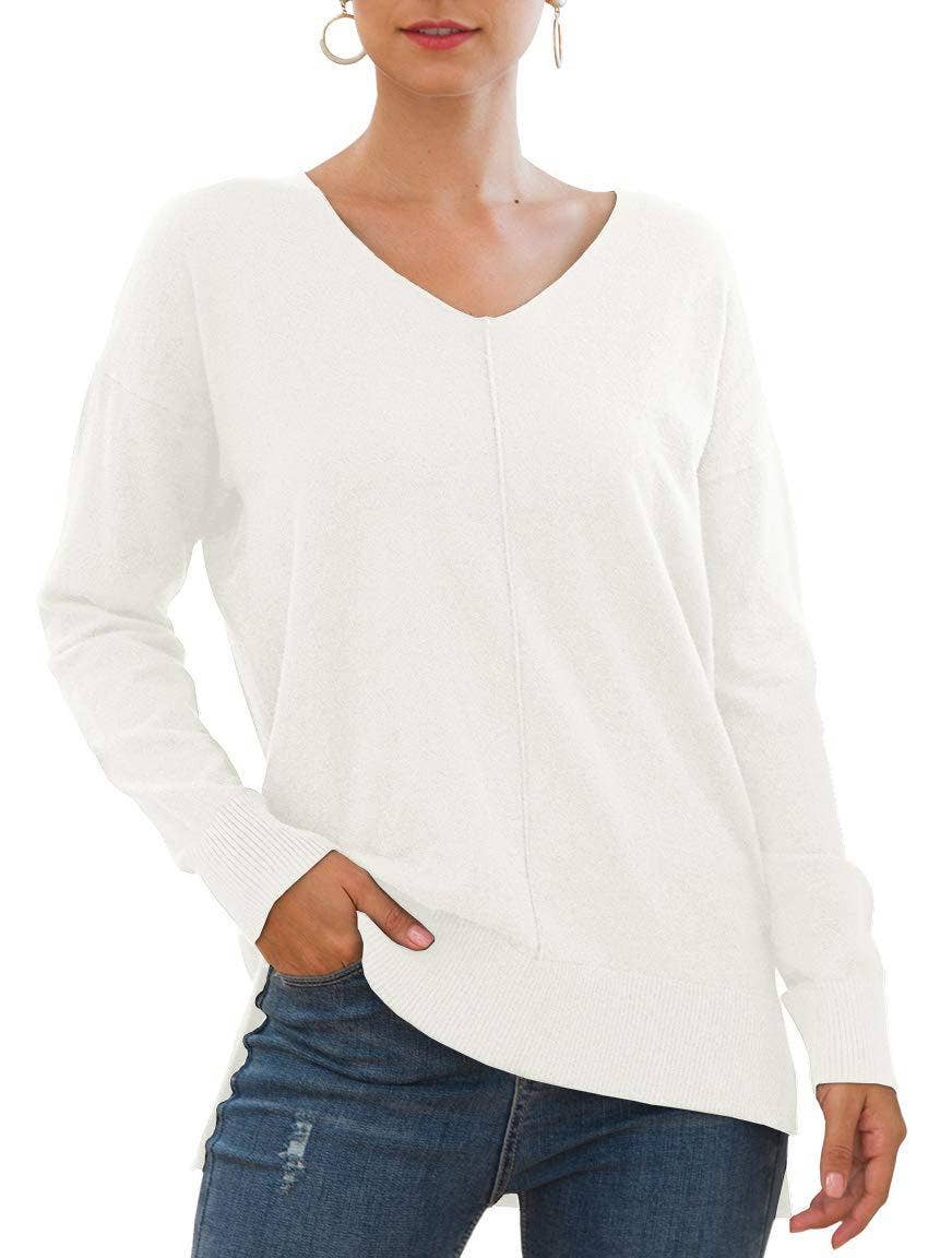 V-Neck Batwing Sleeve Solid Color Knit Sweater